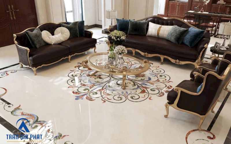Ứng dụng đá hoa văn CNC Trần Gia Phát ở không gian phòng khách biệt thự sang trọng